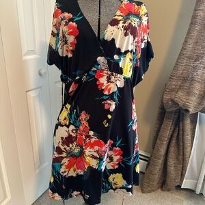 Dark Navy Multi-Colored Floral Casual Knit V-Neck Dress